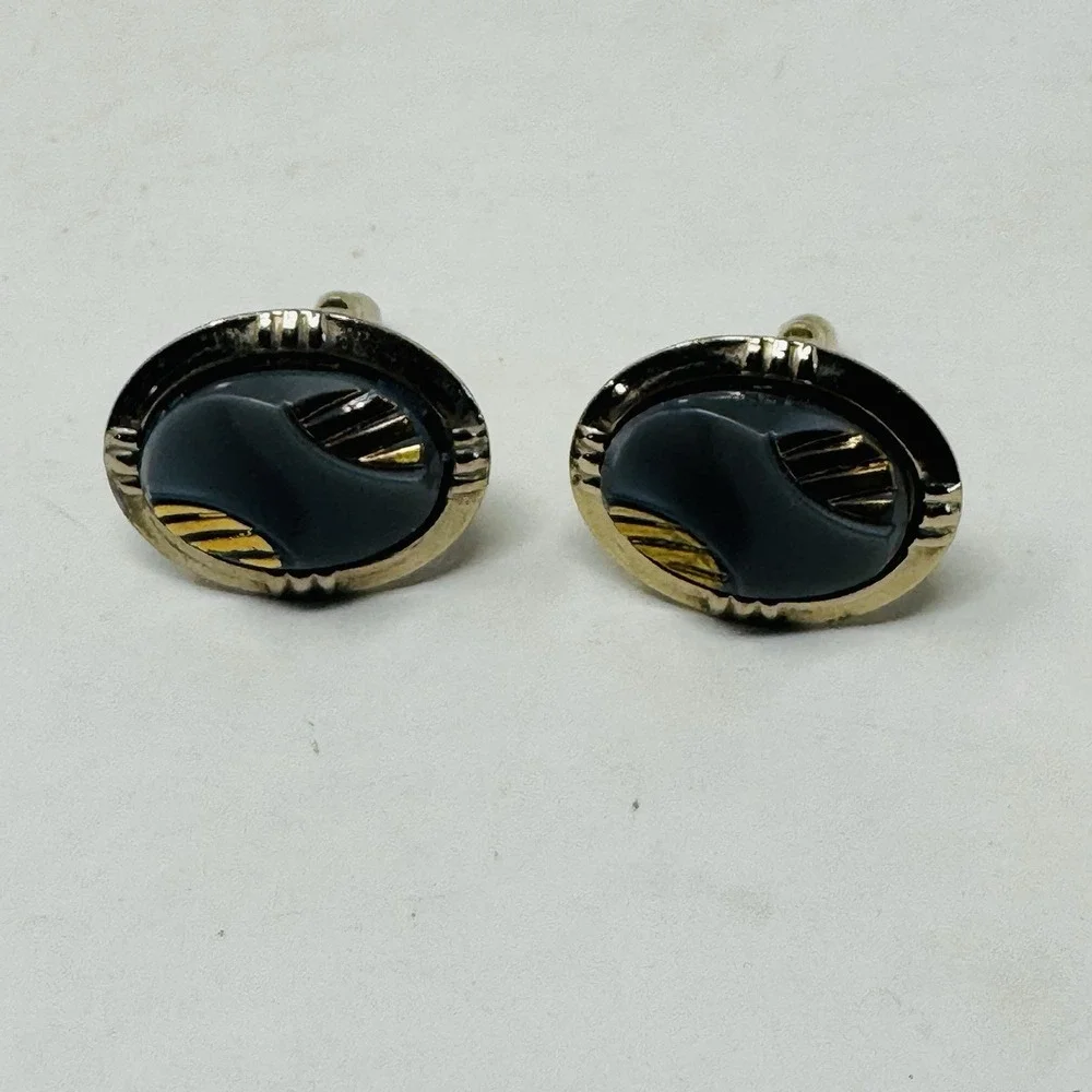 Vintage gold-tone &‎ Gray Men's Oval Cufflinks Classic Charity Elegant Black Tie